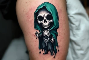 A hyper-realistic Reaper with silver bone details and a dark green cloak blending into shadows. tattoo idea