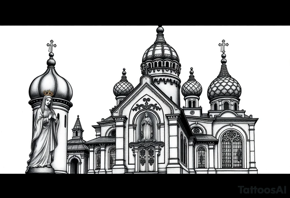Russian orthodox church with bulb domes with a prominent russian orthodox style virgin mary stood outside to the left russian themed tattoo idea
