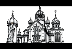 Russian orthodox church with bulb domes with a prominent russian orthodox style virgin mary stood outside to the left russian themed tattoo idea