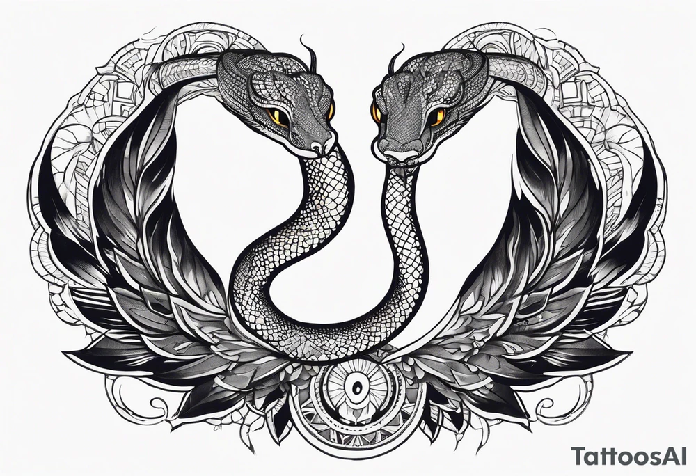 A detailed depiction of a snake with a radiant halo above its head and elegant wings extending from its sides. tattoo idea