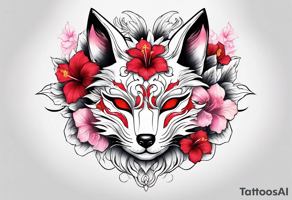 White half broken kitsune mask with red accents and pink hibiscus flowers tattoo idea