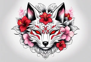 White half broken kitsune mask with red accents and pink hibiscus flowers tattoo idea