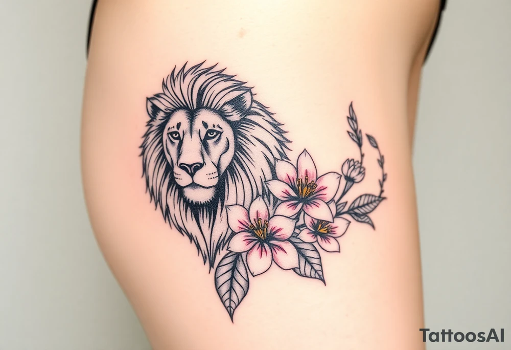 Lion with larkspur and water lilies tattoo idea