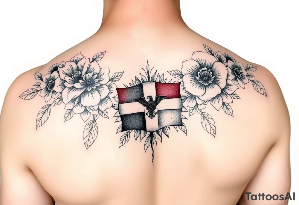 Make me a arm sleeve with flowers being the base having my zodiac sign Virgo, Dominican flag in color, something symbolizing nyc, my parents birthday on Roman numerals 1/10/1980 and 1/18/1984 tattoo idea