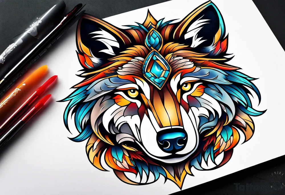 Neotraditional wolf tattoo idea