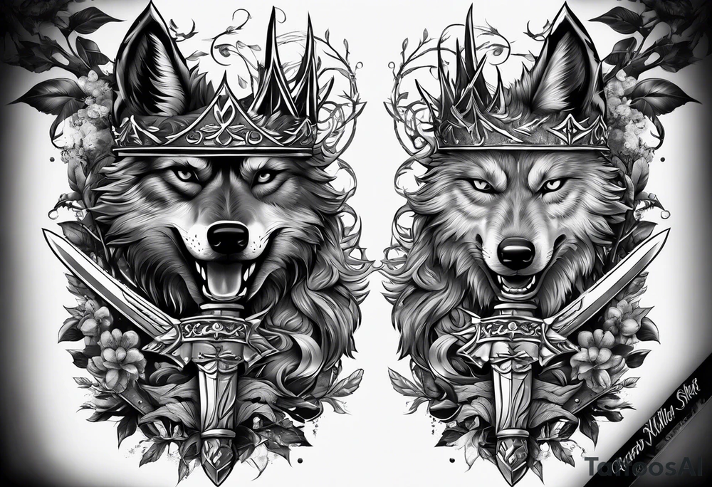 Create a vision of arm tattoo sleeve with combination of sword, crown, tree and three wolves to represent clients family roots tattoo idea