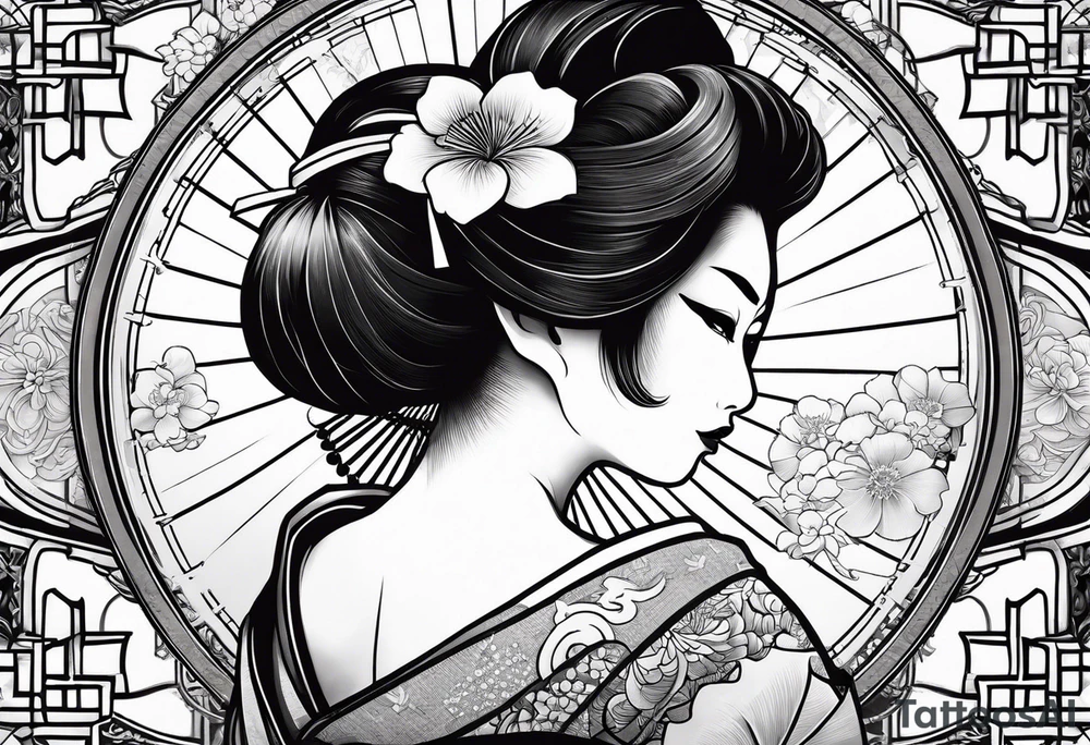 Geisha with a dress and a fan tattoo idea