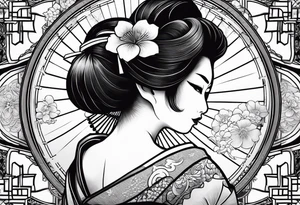 Geisha with a dress and a fan tattoo idea