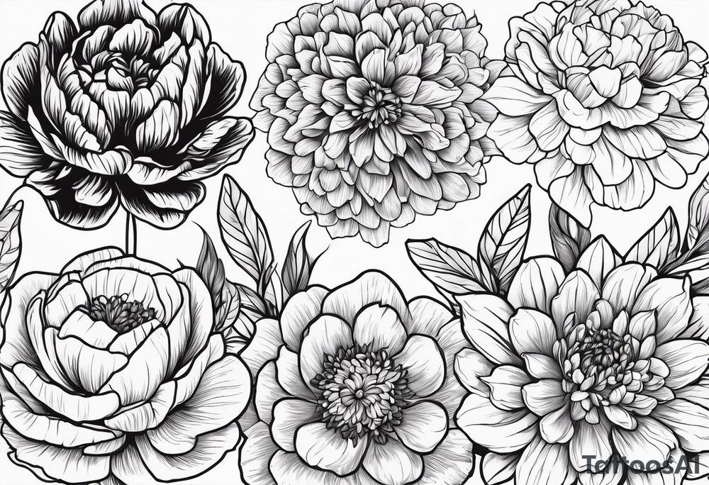 make me a black and white artwork that has one of each following flowers peony, carnation, daffodil, daphne, dahlia, desiree, daisy and rose tattoo idea