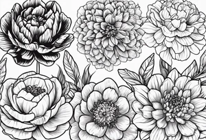 make me a black and white artwork that has one of each following flowers peony, carnation, daffodil, daphne, dahlia, desiree, daisy and rose tattoo idea