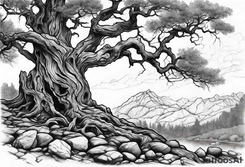 dead looking tree with rocks.  not spooky tattoo idea