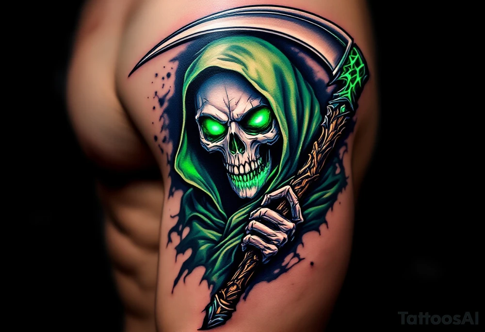 A full-color Grim Reaper with a glowing green hood and a gleaming silver scythe blade. tattoo idea