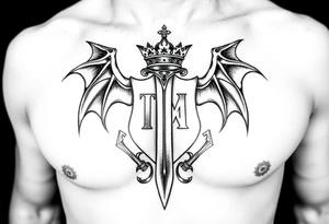 Family crest from Ireland with the The Toledo Mudhens Baseball Team, a demonic  13 And Demonic And Midevel dagger Featurs Made Into a full chest tattoo tattoo idea