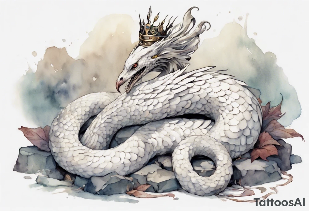 a white bird-serpent hybrid, wearing a pewter crown on its head, resting on a large stone tattoo idea