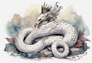 a white bird-serpent hybrid, wearing a pewter crown on its head, resting on a large stone tattoo idea