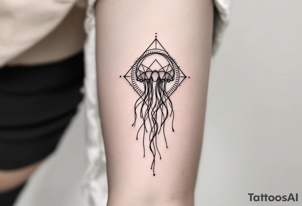 minimal fine-line tattoo, single jellyfish, sacred geometry surround, dotwork patterns, jellyfish bell dome, flowing tentacles, trailing streamers, geometric mandala, radiating dotwork, minimalist design, black grey lines, soft shading, no outlines, geometric frame, organic jellyfish form, upper arm shoulder placement, light airy feel, delicate linework, geometric backdrop, clean lines, radiating patterns, simple jellyfish centerpiece, minimalist tattoo idea