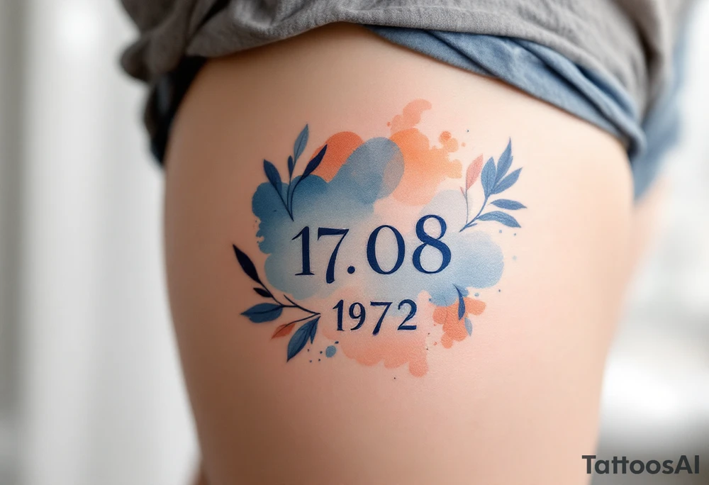 Artistic 17.08.1972 in watercolor style, blending indigo and peach tones around the date. tattoo idea
