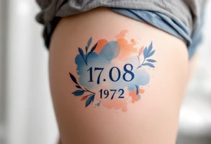 Artistic 17.08.1972 in watercolor style, blending indigo and peach tones around the date. tattoo idea