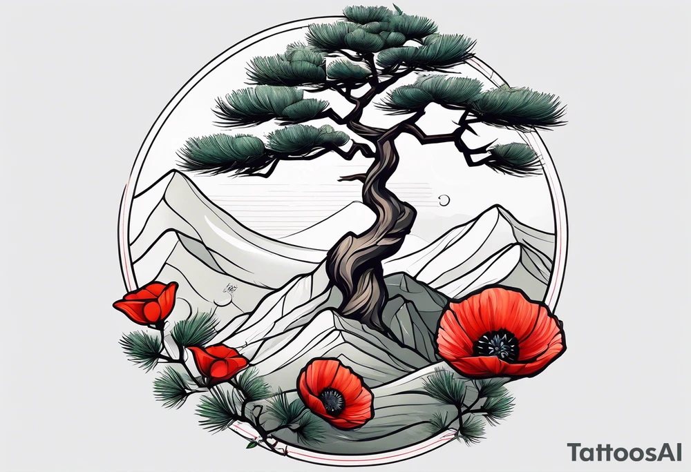 a single pine tree with one small poppy in front and the korean word for patience tattoo idea