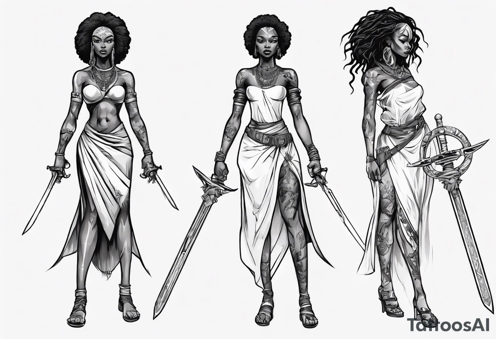 African female full body valkyre slim face holding out sword in both hands tattoo idea