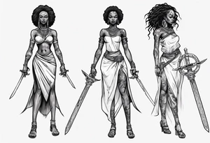 African female full body valkyre slim face holding out sword in both hands tattoo idea