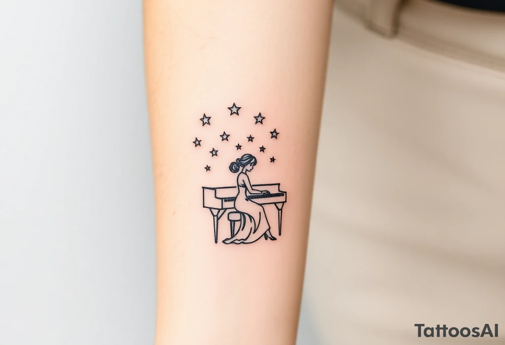 woman playing piano under the stars tattoo idea