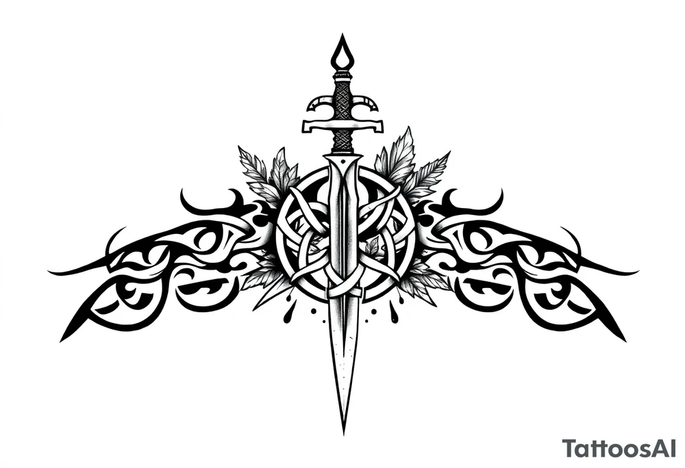 Armband tattoo combining a Celtic knot with a sword and nature tattoo idea