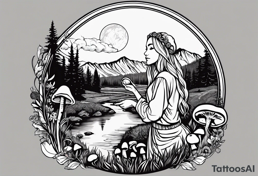 Whole picture encircled fully

Straight long blonde hair hippie girl in distance holding mushrooms in hand facing away toward mountains and creek surrounded by mushrooms long sleeve shirt and hiking pants; whole rendering within a full circle, no cut off circle tattoo idea