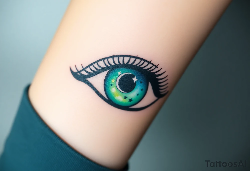Large outline of an eye shaped like an almond with eye colored greenish blue with long pretty black eyelashes + eyeball shaped like a spade symol  + a crescent moon stars and clouds inside of the eyeball only + using vivid colors like blue green purple light blue light green light purple tattoo idea