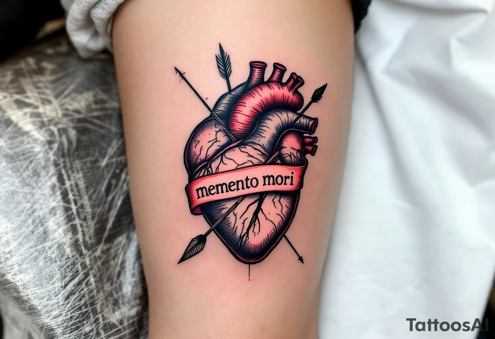 A vintage anatomical heart, pierced by a black arrow, with the phrase "memento mori" written in a blood-red ribbon. tattoo idea