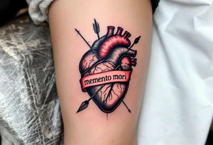 A vintage anatomical heart, pierced by a black arrow, with the phrase "memento mori" written in a blood-red ribbon. tattoo idea