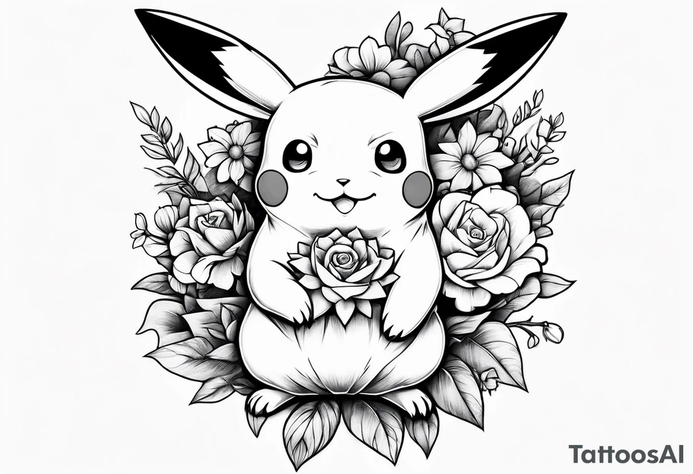 Pikachu Holding bouquet of flowers tattoo idea