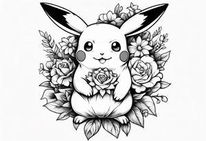 Pikachu Holding bouquet of flowers tattoo idea