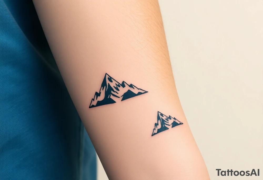 A pair of minimalist black and blue mountain peaks, one tattooed on the father’s forearm and the matching smaller version on the child’s wrist. tattoo idea