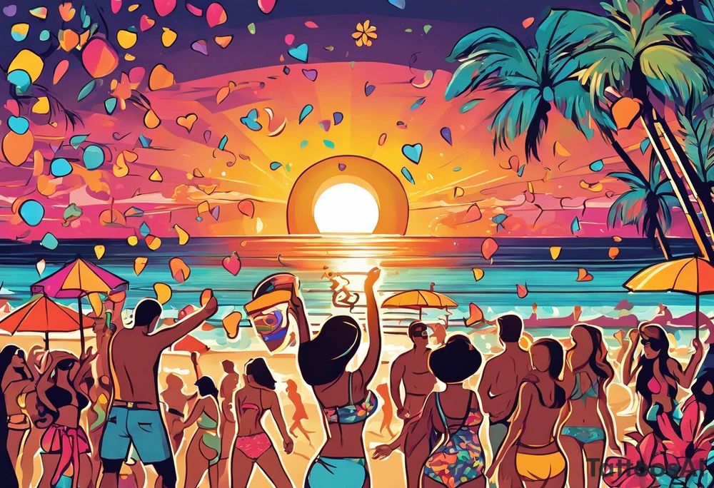 1960'S BEACH DANCE PARTY 
party, include confetti, music notes, 
, bikinis sunset in the center tattoo idea