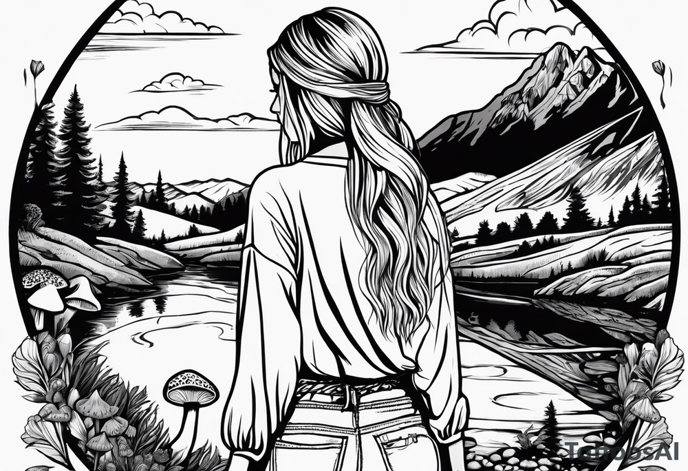 Whole picture encircled fully

Straight long blonde hair hippie girl in distance holding mushrooms in hand facing away toward mountains and creek surrounded by mushrooms long sleeve shirt and hiking pants; whole rendering within a full circle, no cut off circle tattoo idea