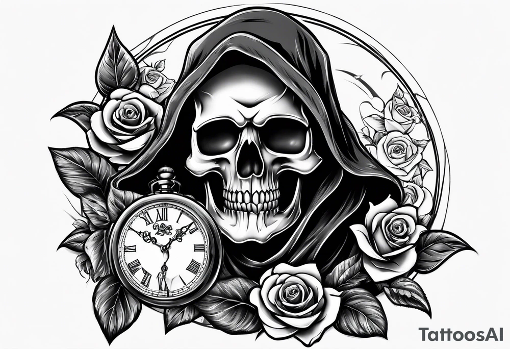 Reaper with roses and pocket watch tattoo idea