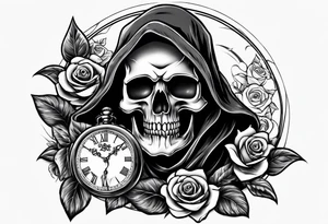 Reaper with roses and pocket watch tattoo idea