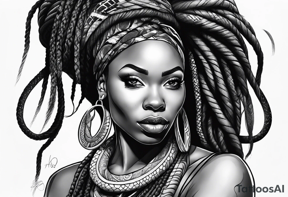 African woman  with snake dreads tattoo idea