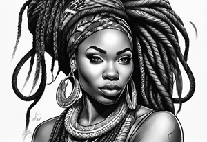 African woman  with snake dreads tattoo idea