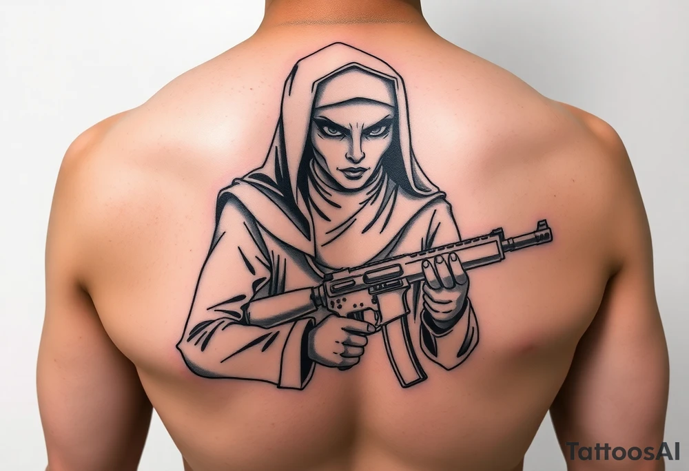 A bad nun junkie with a gun tattoo idea