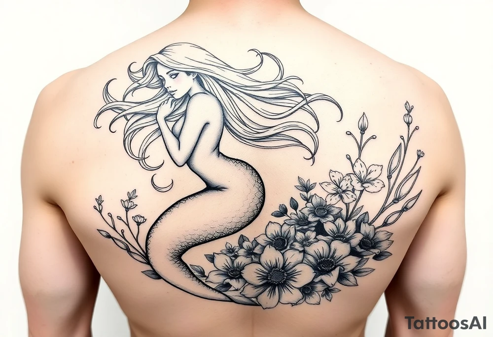 ethereal mermaid with flowing hair among coral and sea flowers tattoo idea