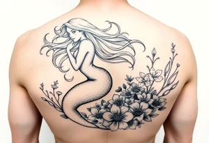 ethereal mermaid with flowing hair among coral and sea flowers tattoo idea