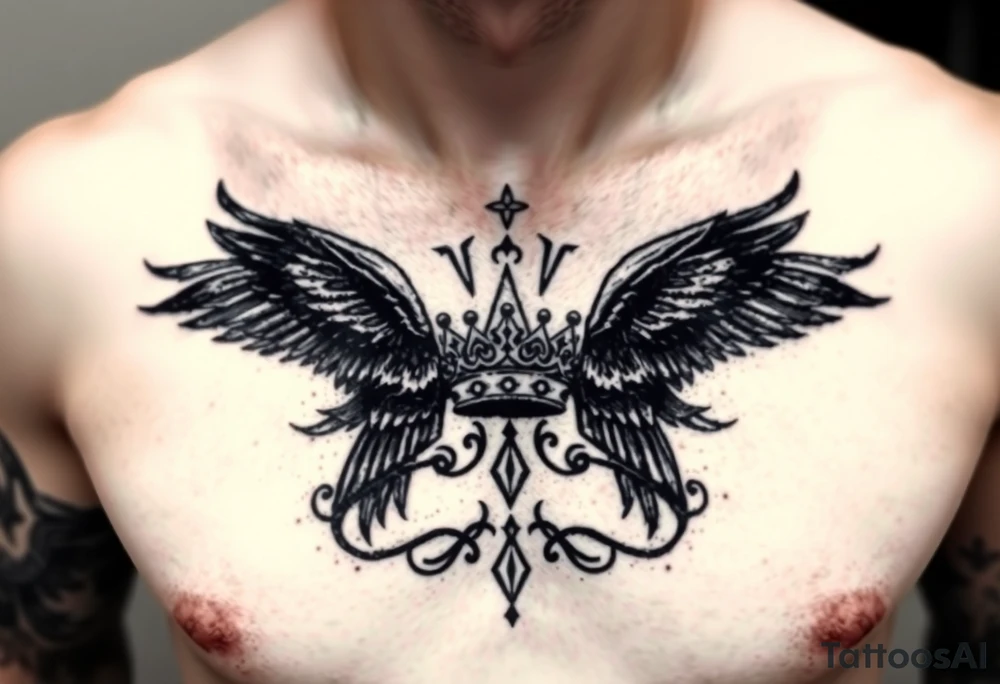 Chest tattoo, two ravens and icelandic symbols, dark brest tattoo, crown betwen ravens tattoo idea