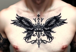 Chest tattoo, two ravens and icelandic symbols, dark brest tattoo, crown betwen ravens tattoo idea
