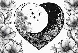 Crescent moon with a heart inside, shrouded by beautiful flowers with wisps of mist tattoo idea