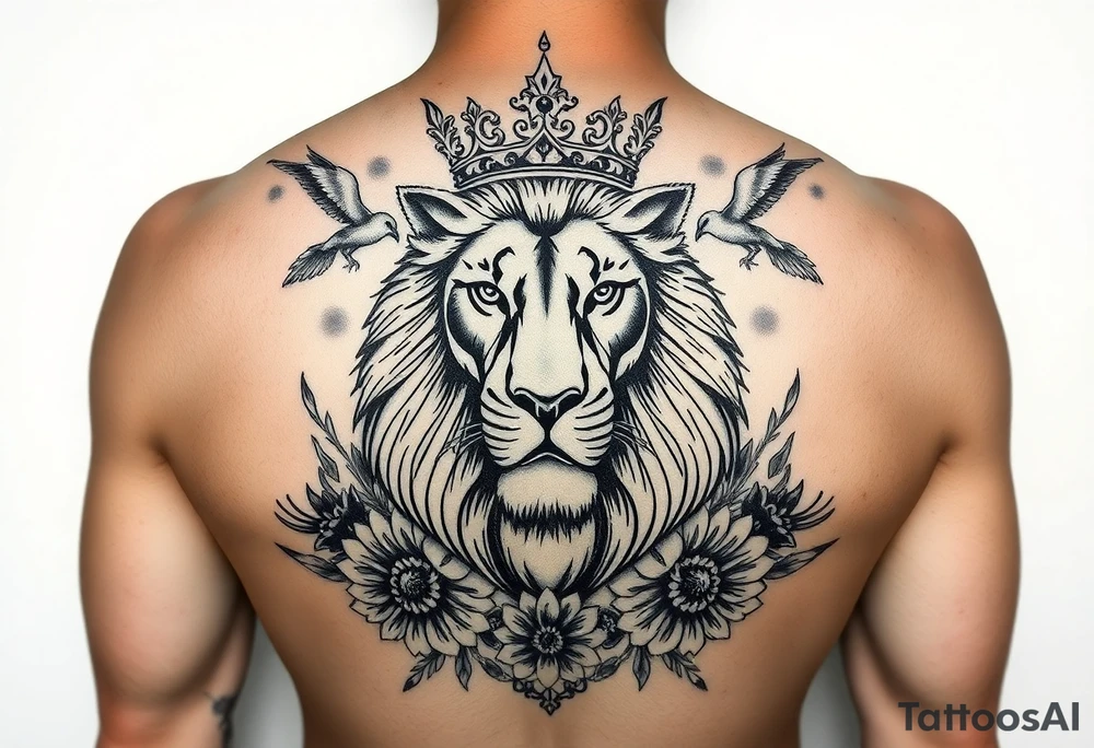 powerful majestic lion with a crown, surrounded by floral ornaments and birds tattoo idea