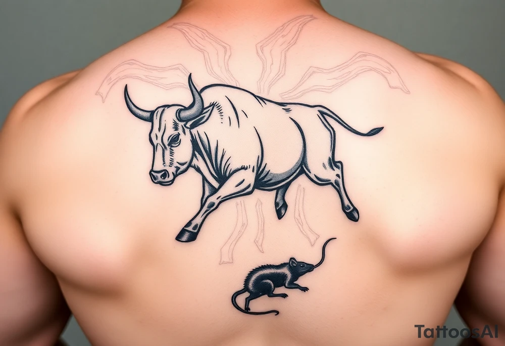 I want a tattoo with a bull with its horns down running full body chasing a rat on my lower back tattoo idea