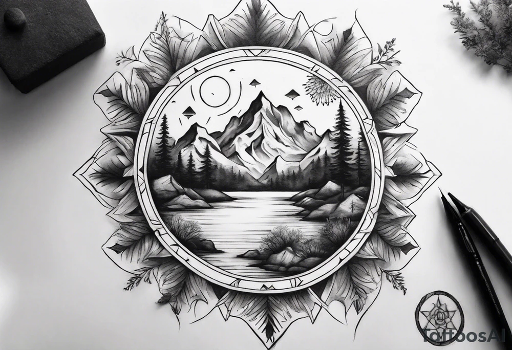 •	Create a mandala incorporating elements of nature like mountains, trees, and rivers to symbolize harmony and balance. tattoo idea