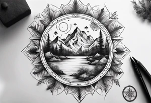 •	Create a mandala incorporating elements of nature like mountains, trees, and rivers to symbolize harmony and balance. tattoo idea